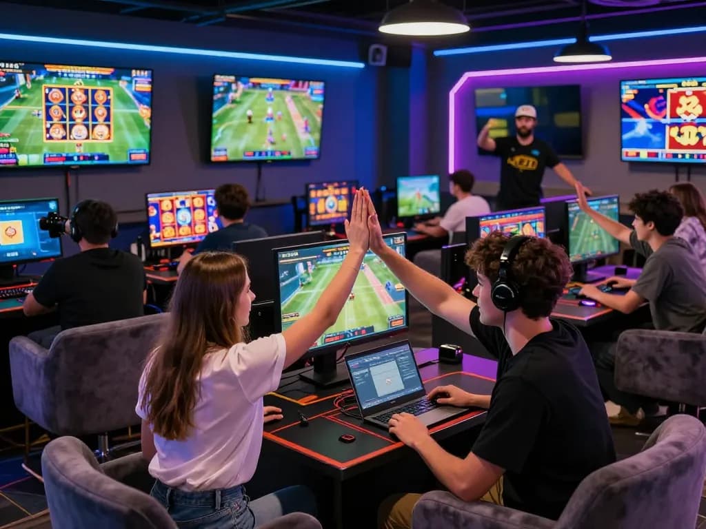 Engaging online gaming experience at fb88 with players celebrating wins in a modern gaming lounge.