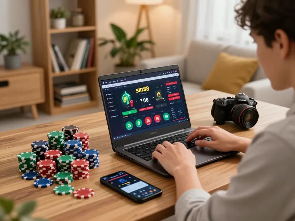 Engaging in a strategic online session at sin88, a vibrant gaming interface glows amid poker chips and a smartphone.