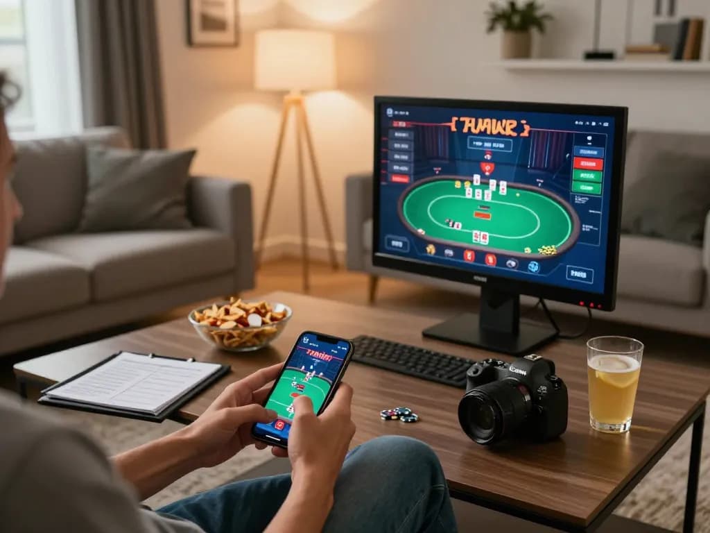 cm88 user enjoying a mobile poker game at home, highlighting casual gambling atmosphere