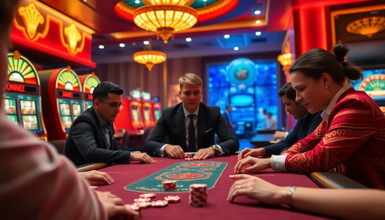 Players strategizing at a poker table in a luxurious casino atmosphere, showcasing okwin excitement.