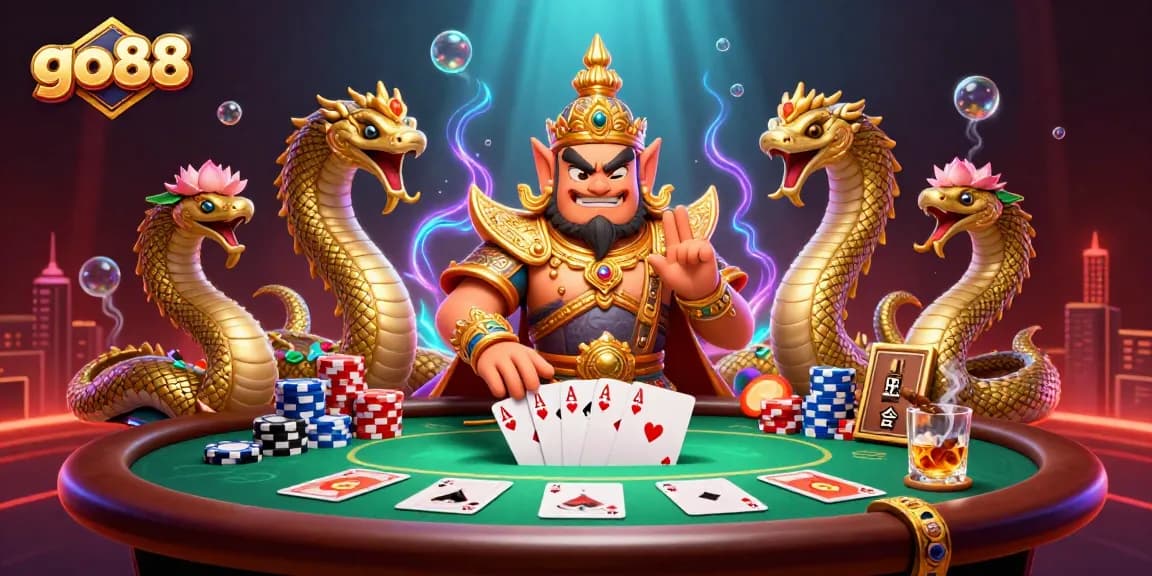 Engage in thrilling gameplay with go88 at a vibrant poker table surrounded by dynamic characters and rich casino elements.