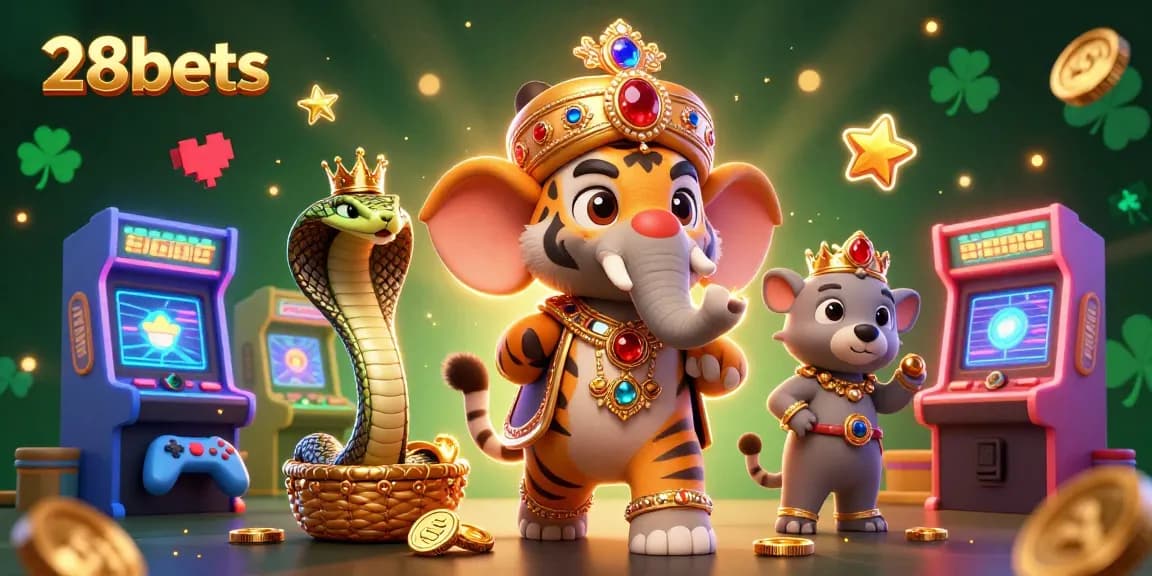 Experience excitement at 28bets with vibrant gaming elements and 3D tiger character in a colorful casino