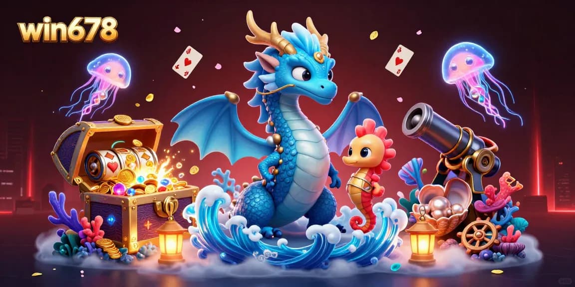 Experience the thrill of win678 with a vibrant underwater casino scene featuring a dragon and treasure.