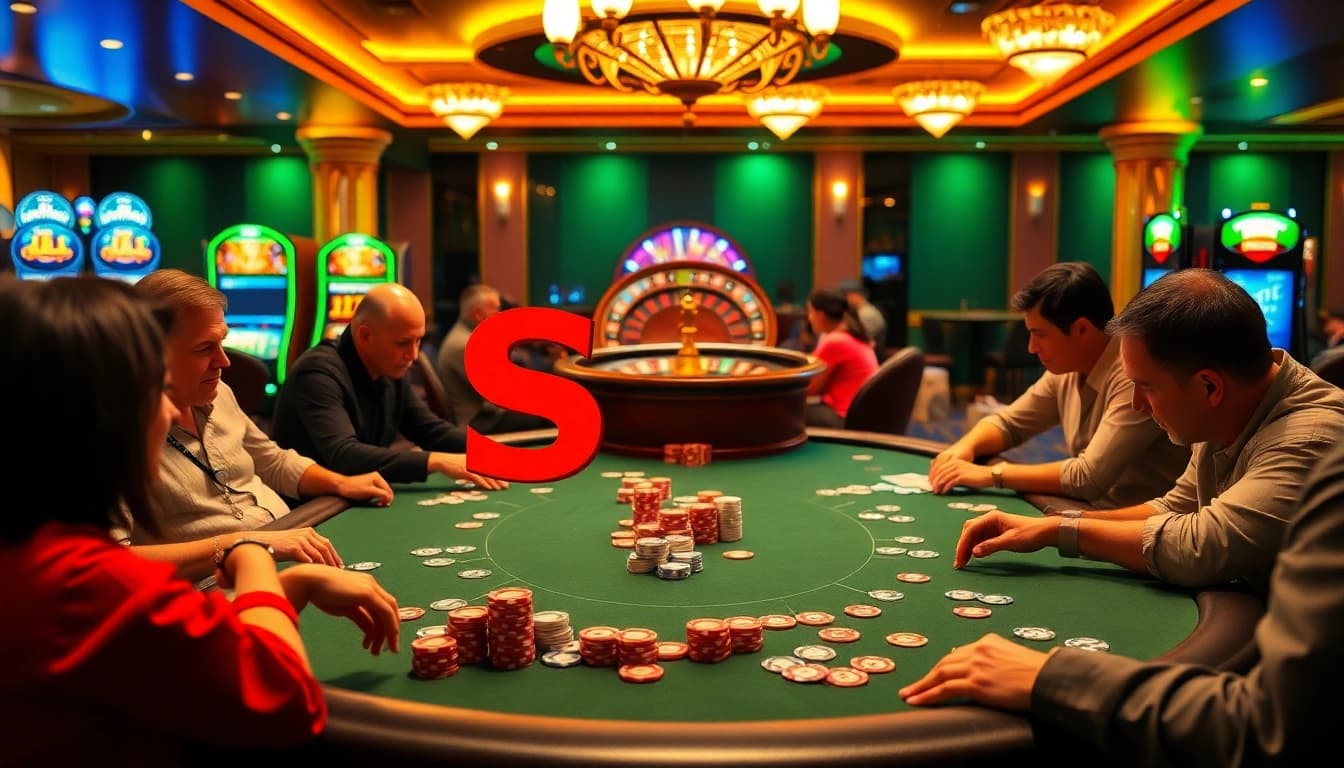 Engaging players at a casino poker table with vibrant S 8 chips and colorful cards.