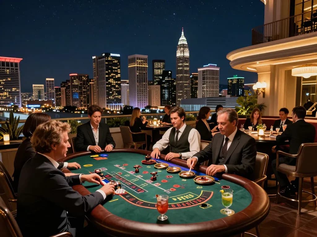 Engaging players at VK88's Blackjack tables in a lavish casino setting.