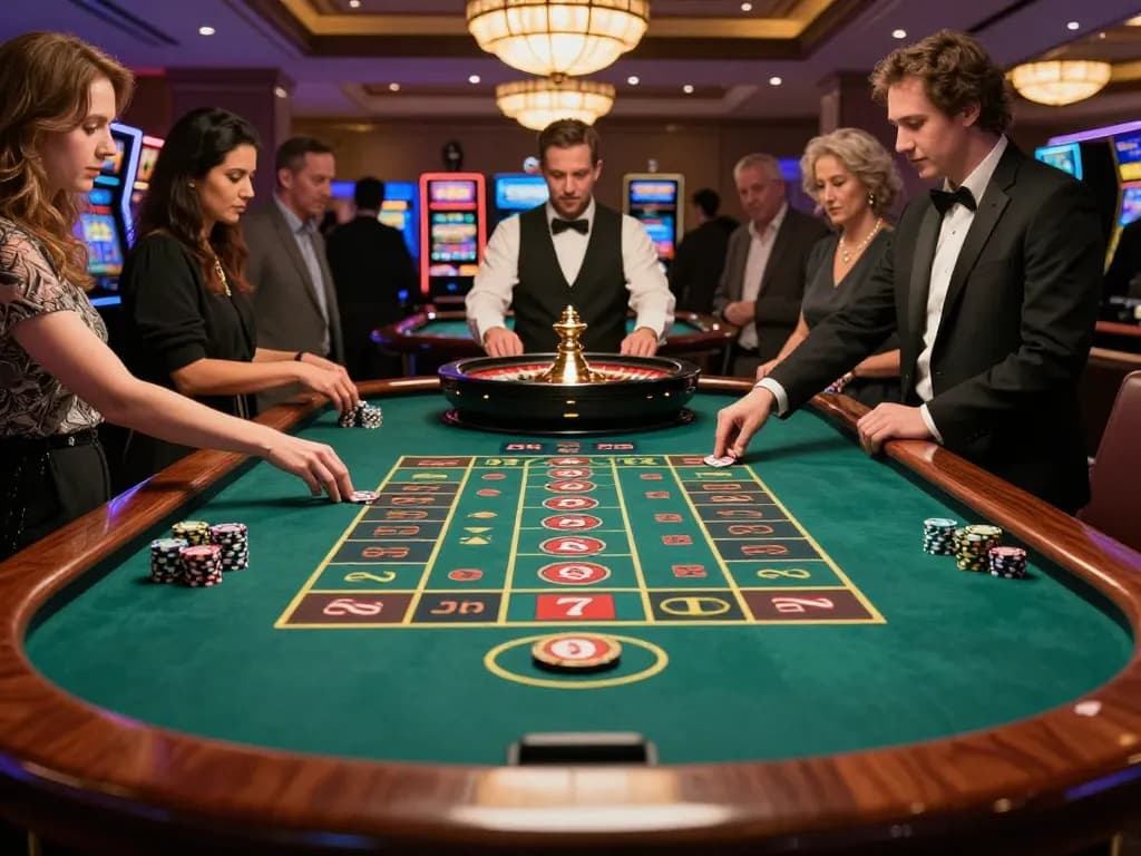 Tic88 roulette table with excited players placing bets in a vibrant casino atmosphere.