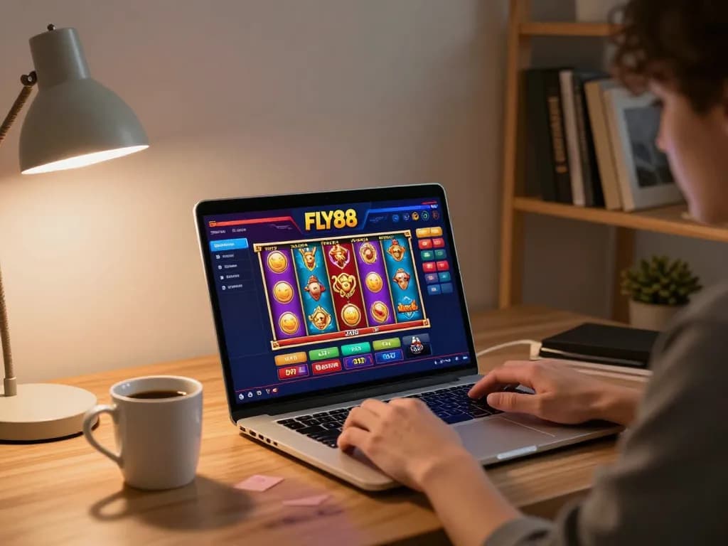 Fly88 online gaming interface displayed on a laptop during an exciting home session, blending relaxation with strategy.