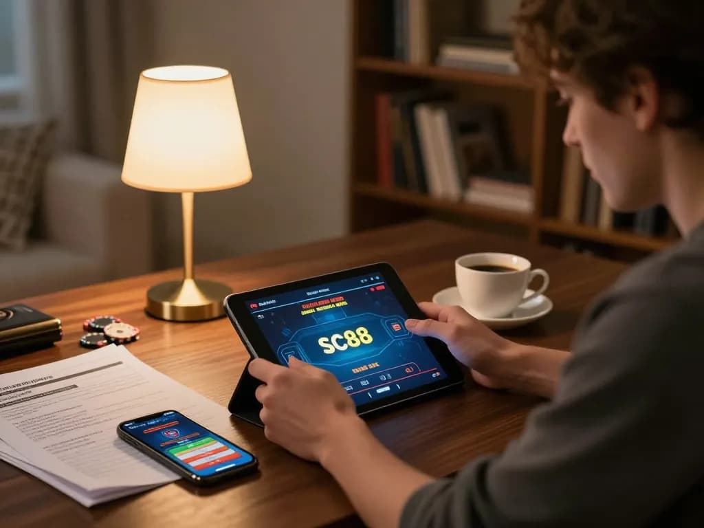 Person playing sc88 poker on tablet at home, strategic notes and smartphone visible in modern setup