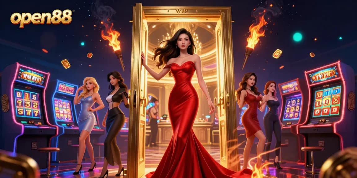 Experience wins with open88, as a beautiful Asian woman stands in a golden VIP casino doorway, highlighting jackpot slots and dynamic gaming elements.