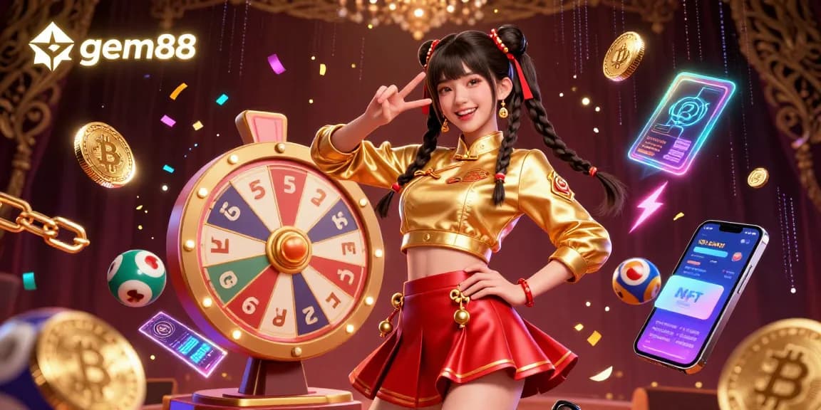 Engage in thrilling casino action with gem88, featuring dynamic lotto elements and cryptocurrency symbols.