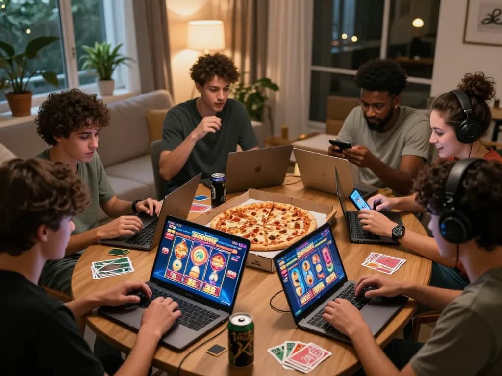 Players enjoying the Sunwin online gaming platform with laptops and snacks in a cozy living room.