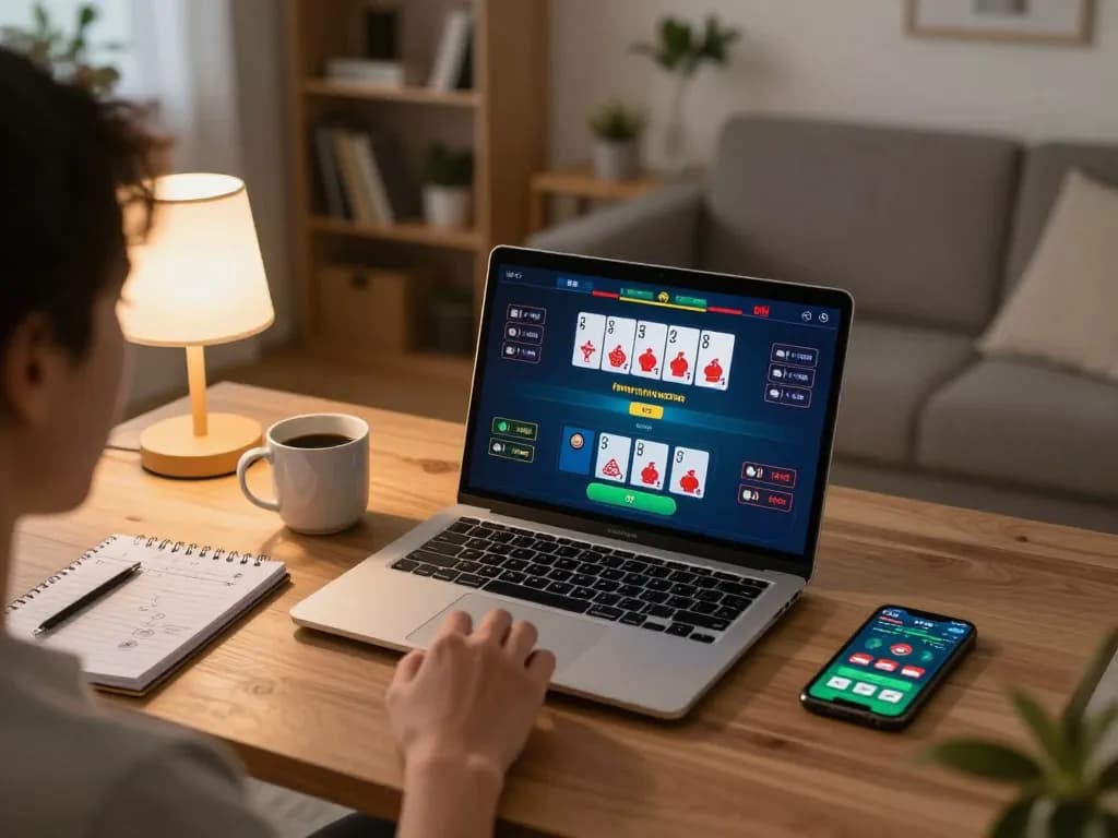 fa88 player engaging in online poker game at home, laptop and betting notes visible