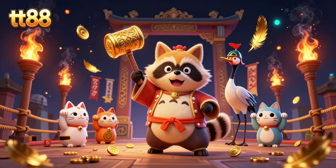 Experience the thrilling games at tt88 with a lively scene showcasing a cheerful tanuki, samurai crane, and waving fortune cats.