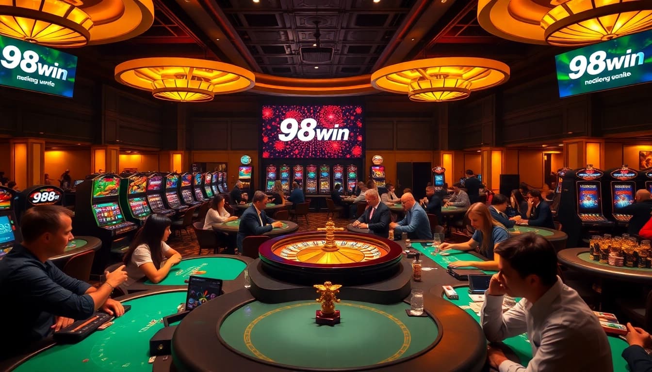 A lively casino scene showcasing players engaged in intense gameplay at 98win, featuring poker and blackjack tables.