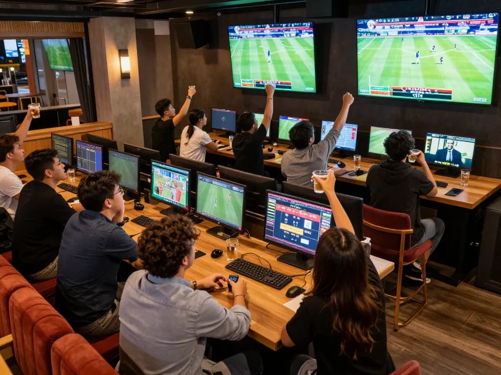 Patrons engaging in sports betting, discussing kèo nhà cái and strategizing their bets at a lively sports bar.