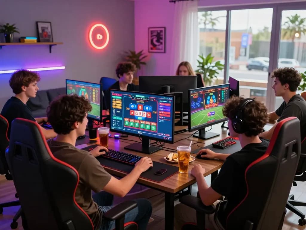 Goal123 interactive online gaming experience in a vibrant setup with multiple screens and enthusiastic gamers.