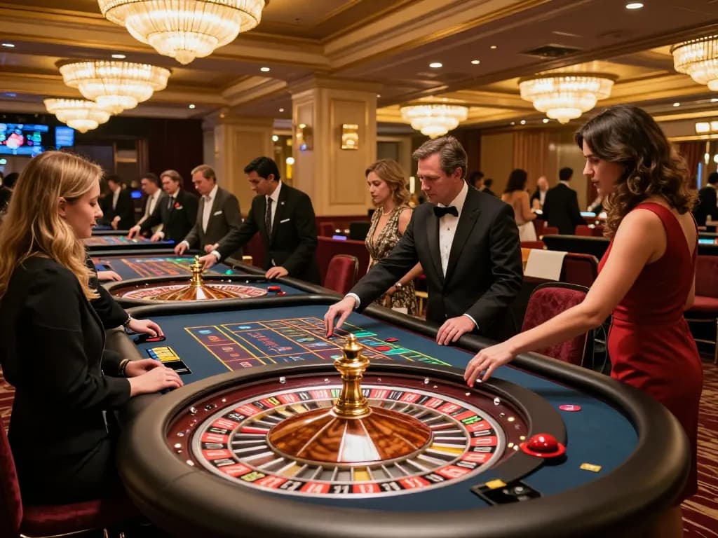 Engaged players at a roulette table at VN88 casino, betting and experiencing thrilling gameplay.