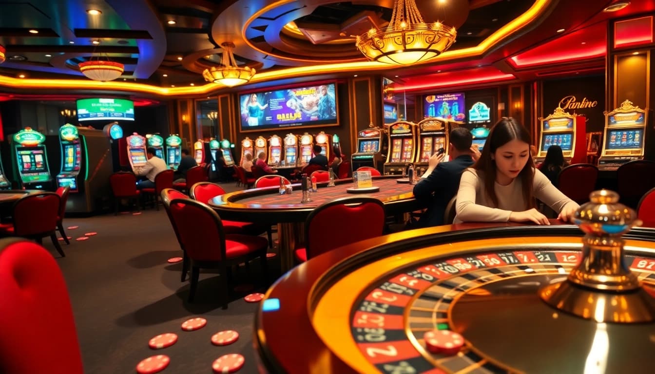 Experience thrilling casino action at https://kp88.space/ with vibrant tables, roulette wheels, and players engaged in the excitement.
