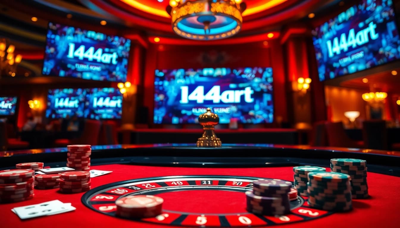 Players engaging in thrilling roulette and poker games at l444.art casino with vibrant lighting and luxurious atmosphere.