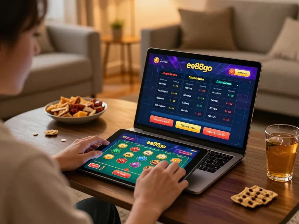 Person enjoying online gambling on ee88go in a cozy living room.
