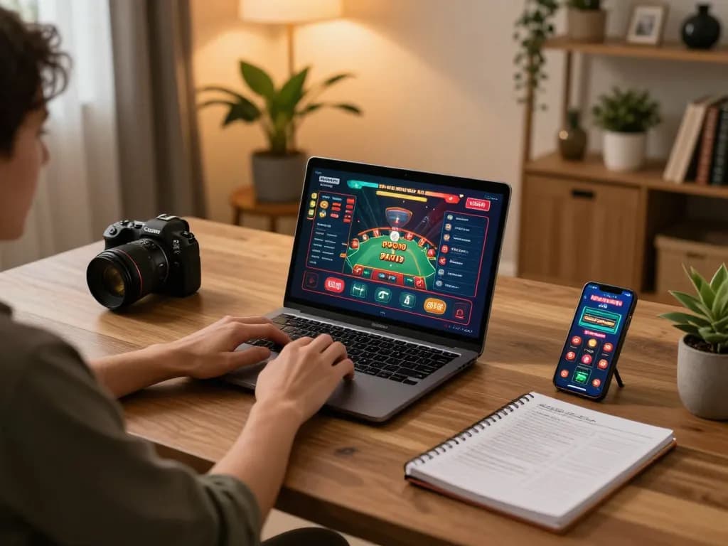 Enjoying online gaming at a cozy home setup featuring a reputable nhà cái uy tín on a laptop and smartphone