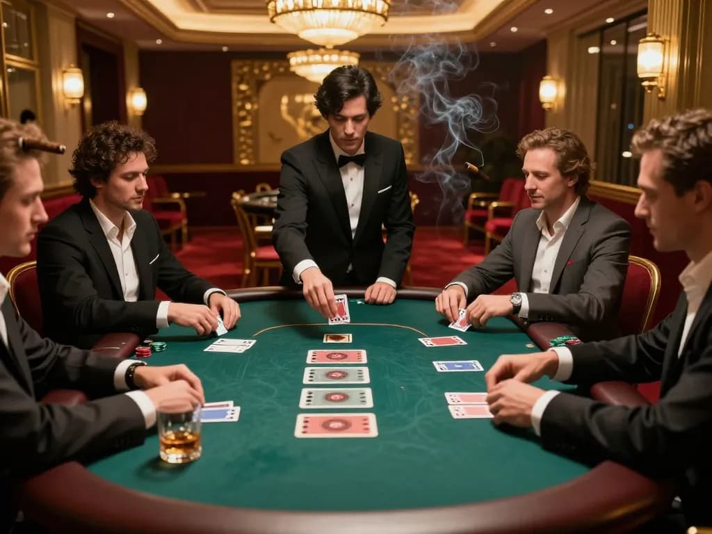 Players analyzing hands in an upscale gaming area, engaging in game bài with intense focus.