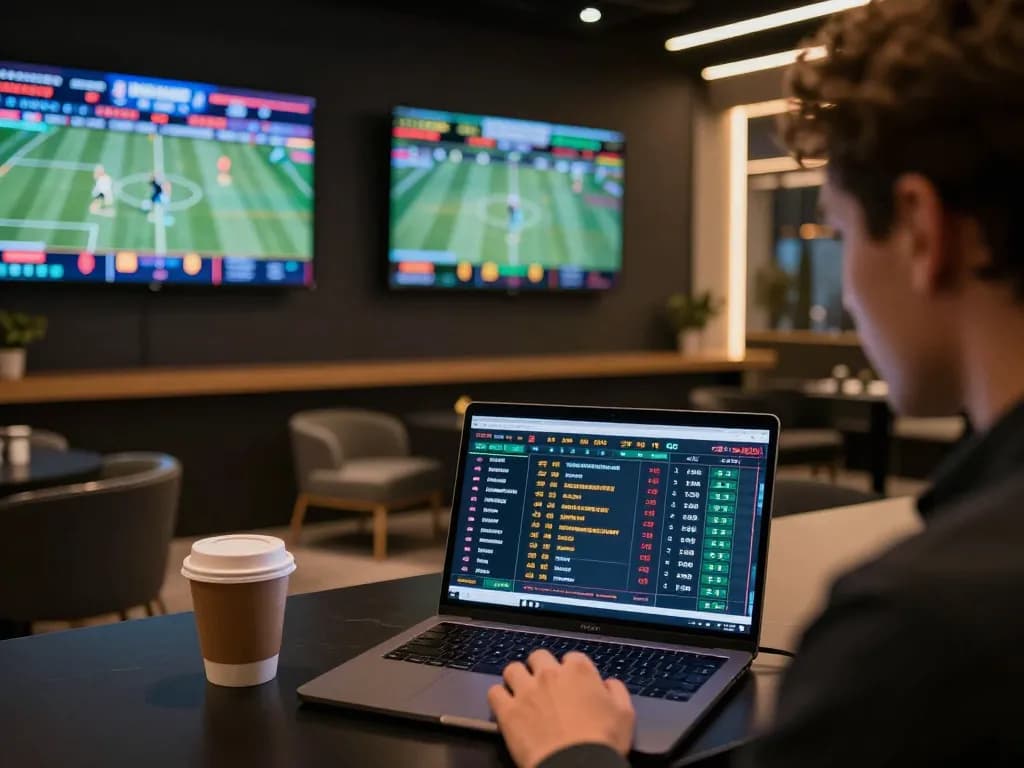 Exciting sports betting moment as a player calculates odds and places bets in a modern setup, showcasing سرعت در دنبال کردن ผลบอล.