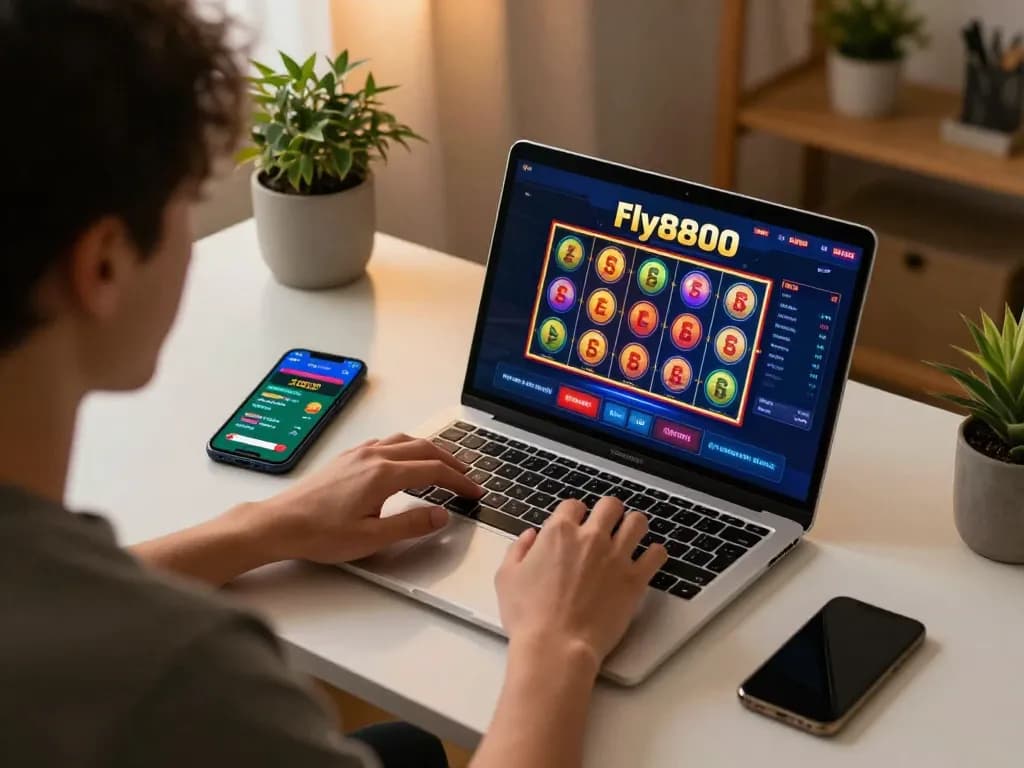 Player engaging with fly8800 online slots at home, showcasing a cozy gaming environment.