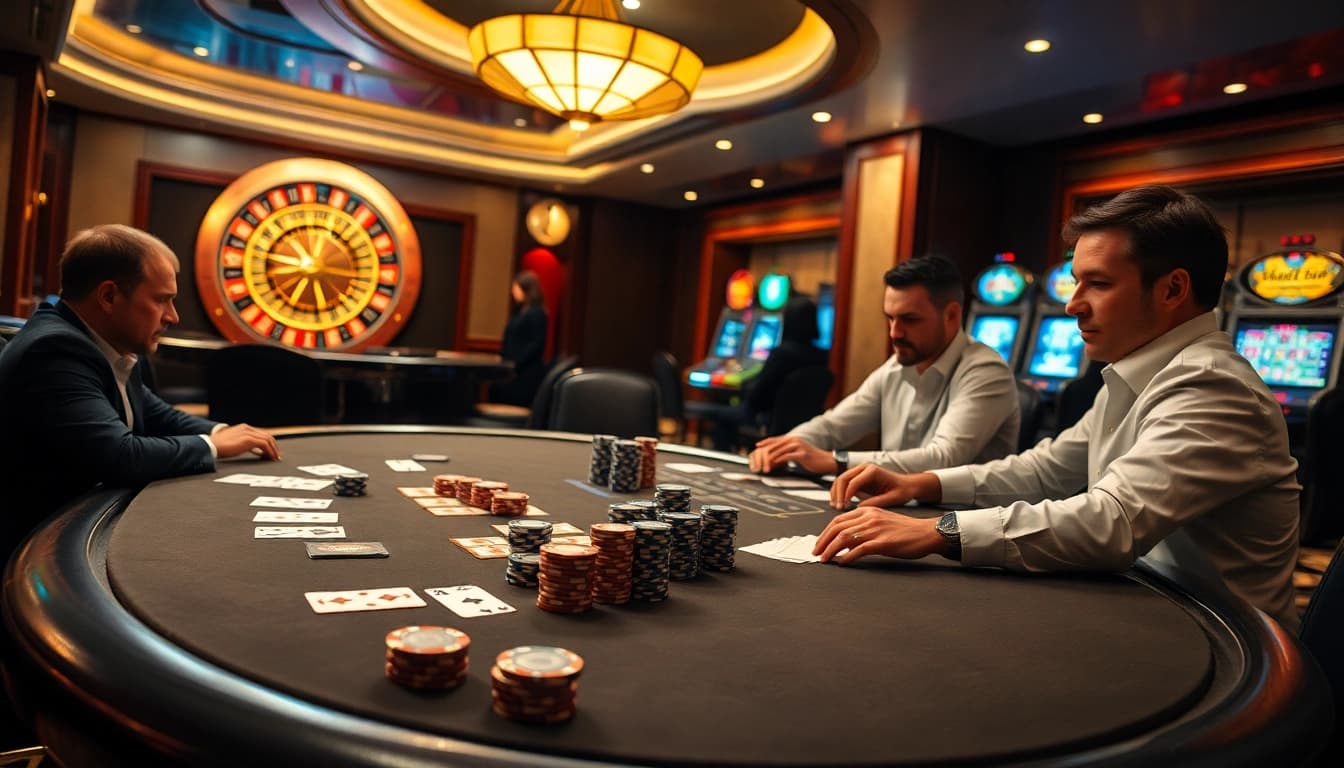 Engaged gamblers strategizing with tỷ lệ nhà cái at a luxurious casino poker table.