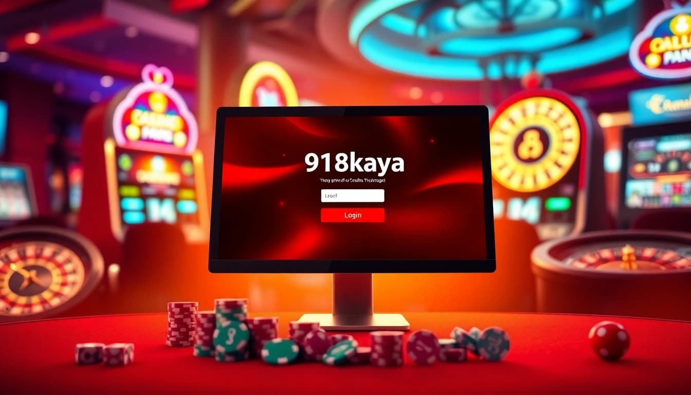 Engage with the 918kaya Login screen amidst a luxurious online casino setup featuring vibrant gaming elements.
