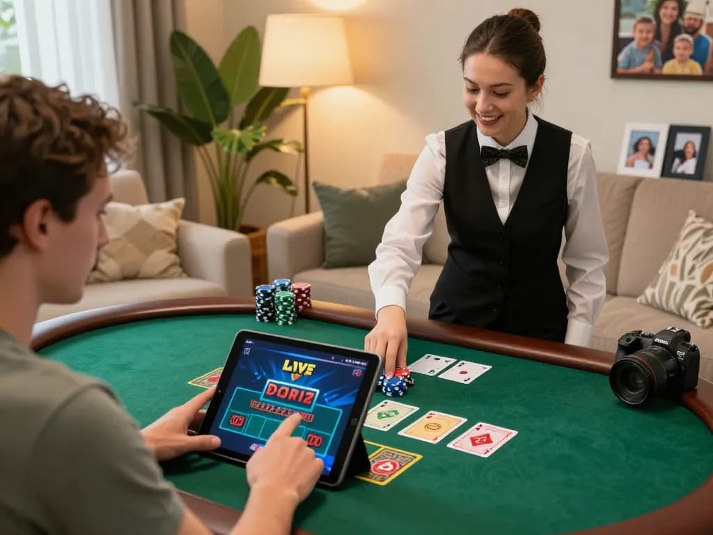 Player enjoying blackjack on a tablet while engaging with the 99ok live casino in a cozy home setting