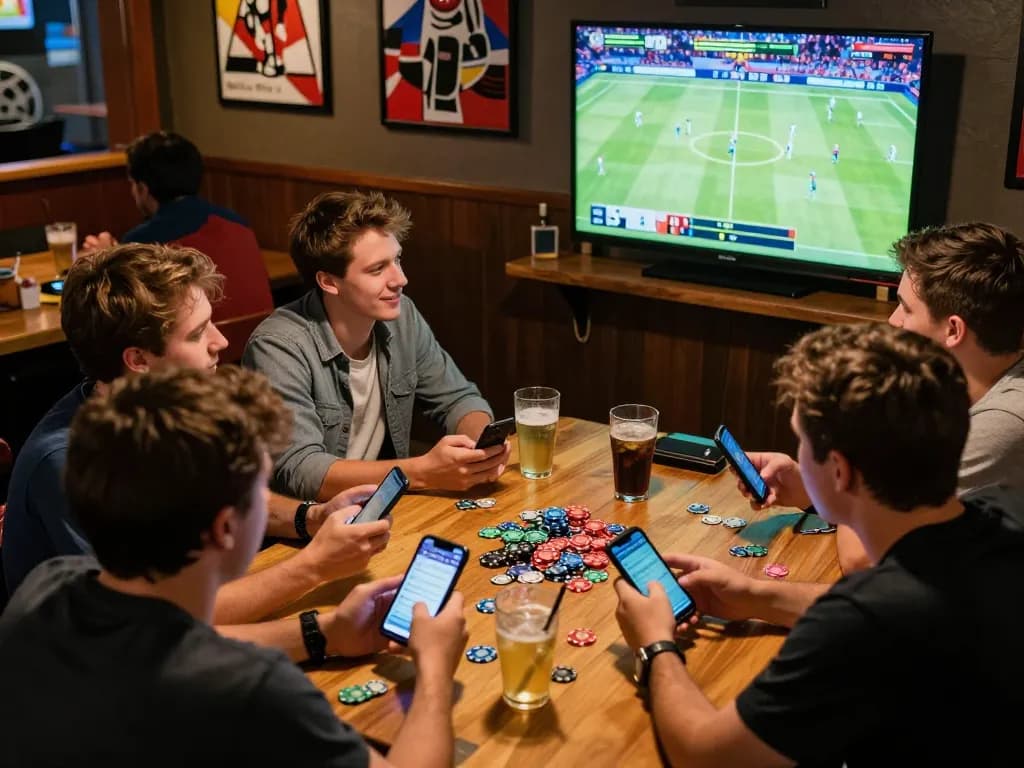 Friends engaging in live betting with fly88 at a lively sports bar, watching the game on a big screen