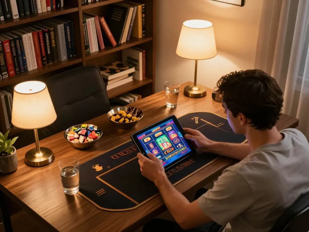 Player accessing https://n188.build/ on a tablet, immersed in online slot games, cozy home environment.