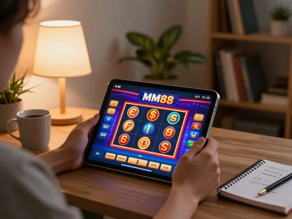 Engaged player enjoying MM88 slot game on tablet in cozy home setting, illustrating modern online gambling experience