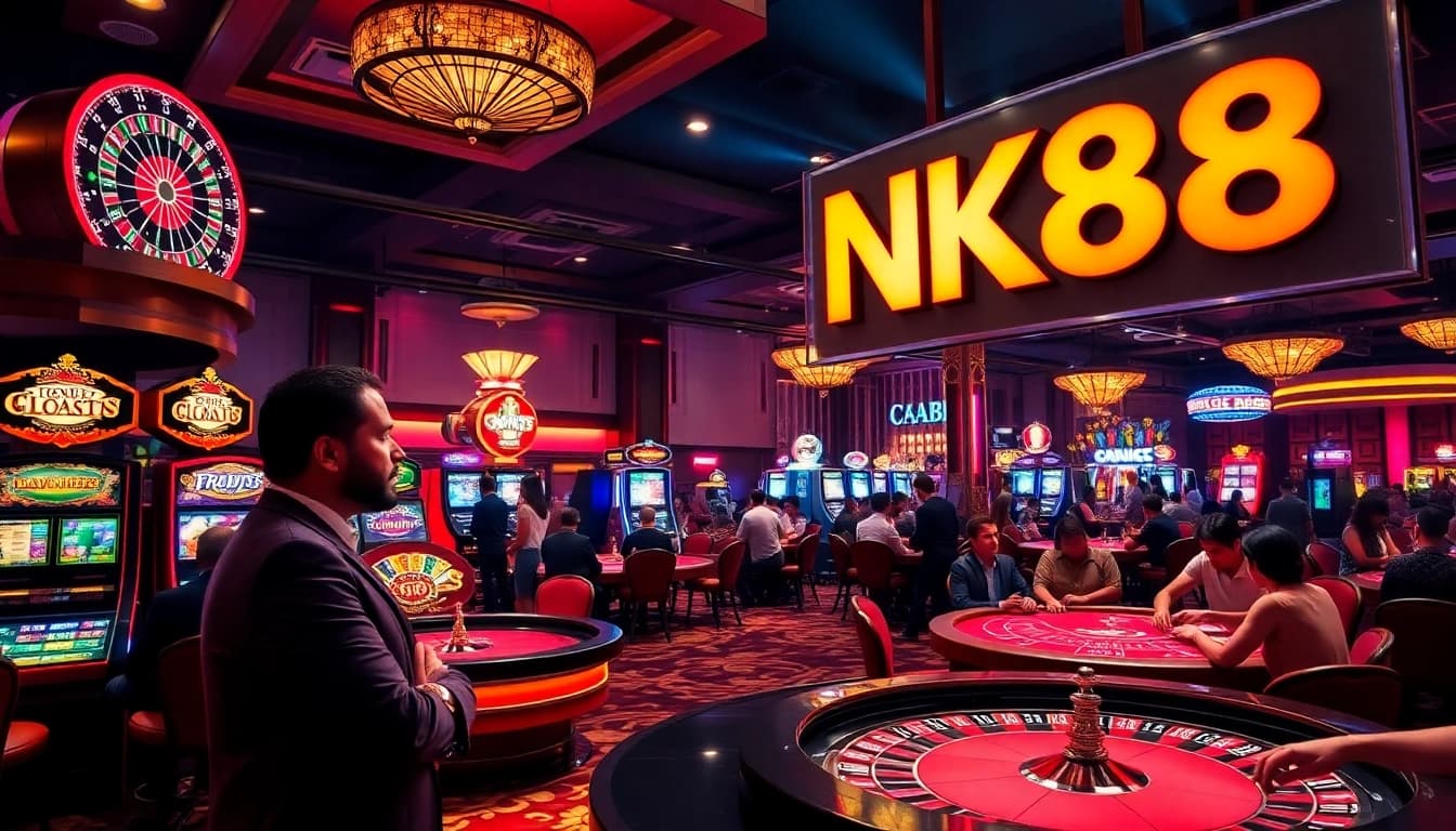 NK88 casino scene featuring excited players at tables and slot machines in a luxurious setting.