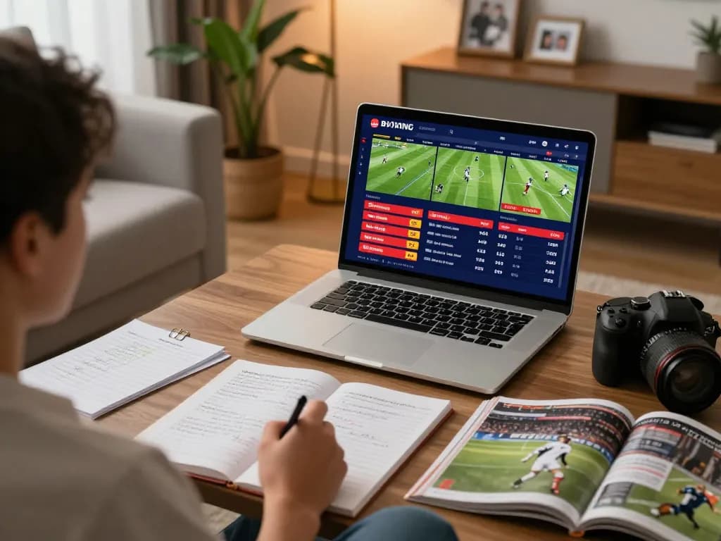 Person analyzing keobongda sports betting odds on laptop in cozy home setting, showcasing strategic gaming