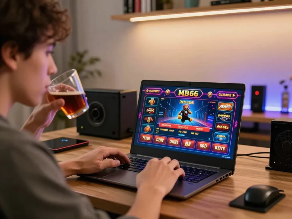 Engaging in online casino gaming with mb66 games on laptop in cozy home office setup