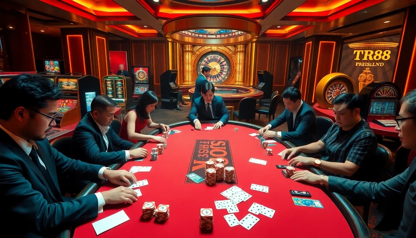 Experience thrilling gameplay at TR88 casino with vibrant poker tables and enthusiastic players.