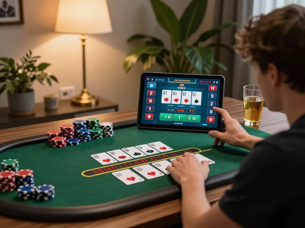 Player enjoying live blackjack on LV88 app with a cozy home ambiance.