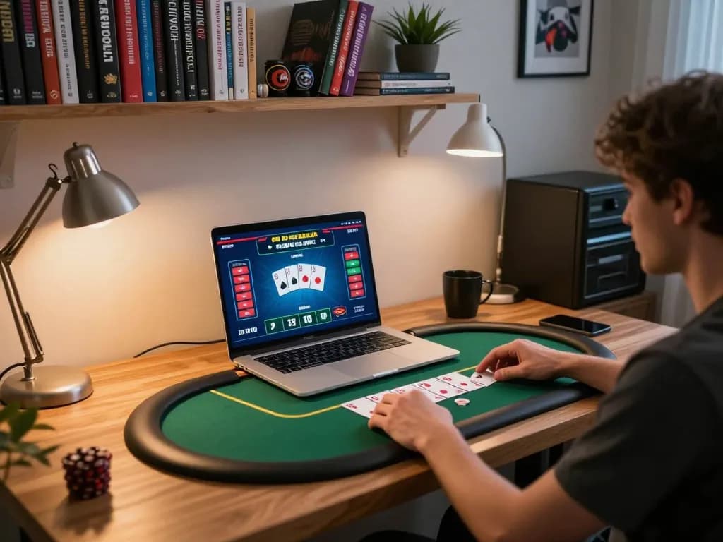 Player strategizing poker on lv88 online gaming platform with a modern home setup