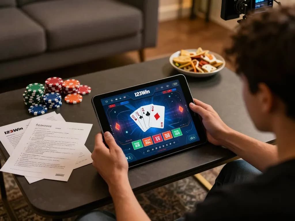 Engaging with 123Win online casino app in a cozy setting, tablet displaying poker game.