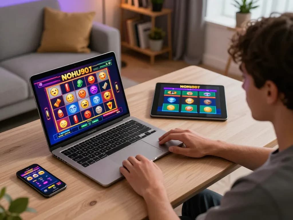 Person using NOHU90 for online casino gaming on a laptop, showcasing vibrant slot machine interface.