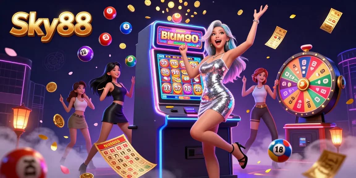 Experience thrilling winnings at Sky88 with vibrant lottery balls and an excited player celebrating a jackpot.
