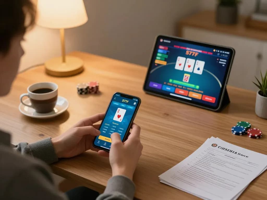 Engaging with the 577F app for online gambling in a cozy home setting.