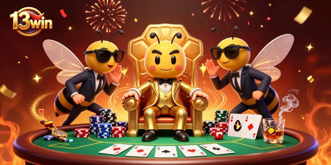 Engage with 13win's vibrant online casino scene featuring an animated bumblebee mob boss at a poker table surrounded by excitement.