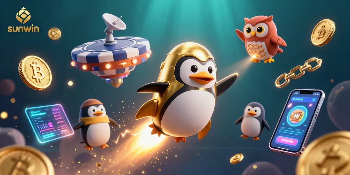Experience the thrill of sunwin casino with a golden penguin soaring towards big wins.