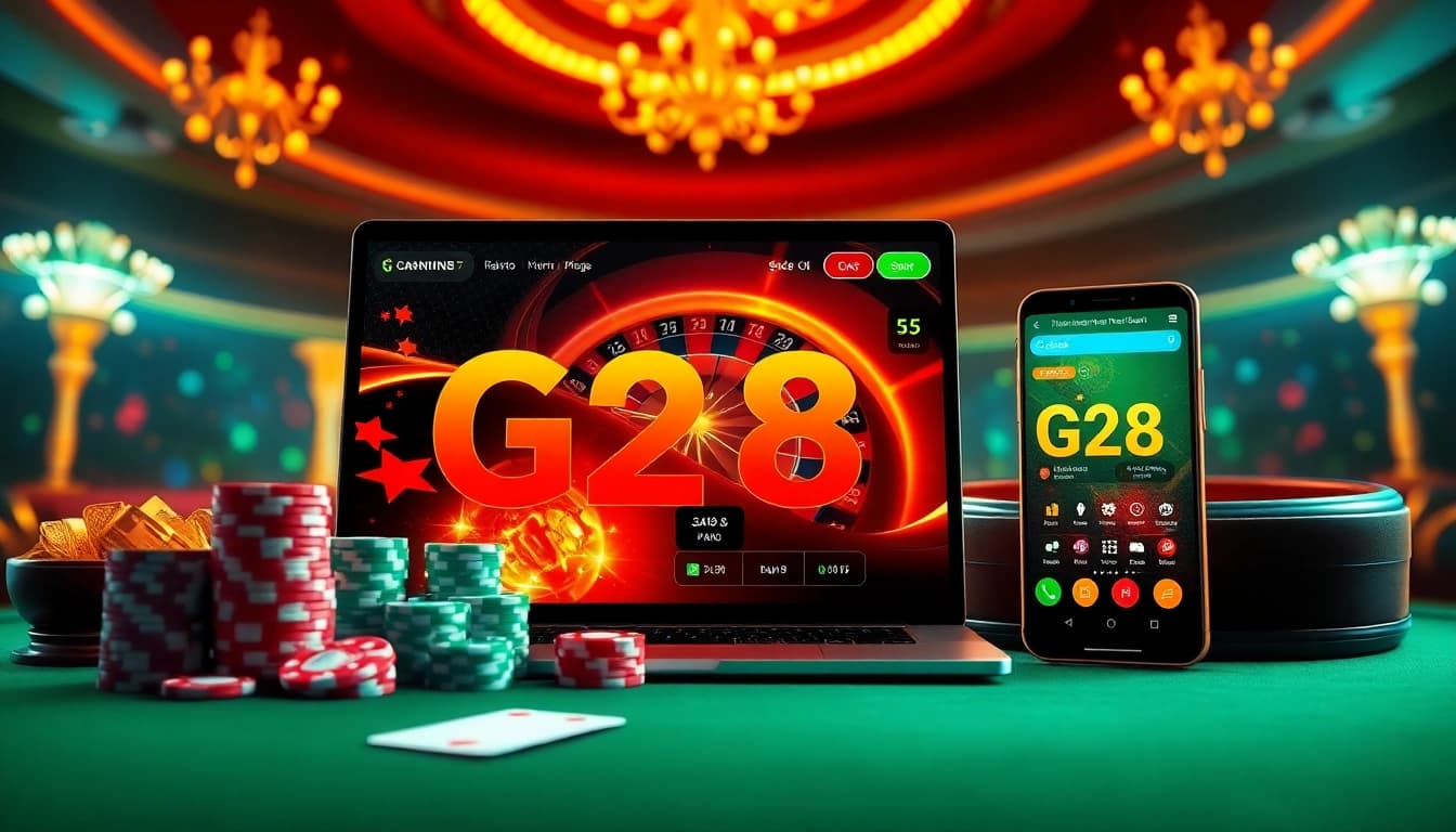 G28 online casino experience with poker chips, cards, and roulette wheel in a luxurious setting.