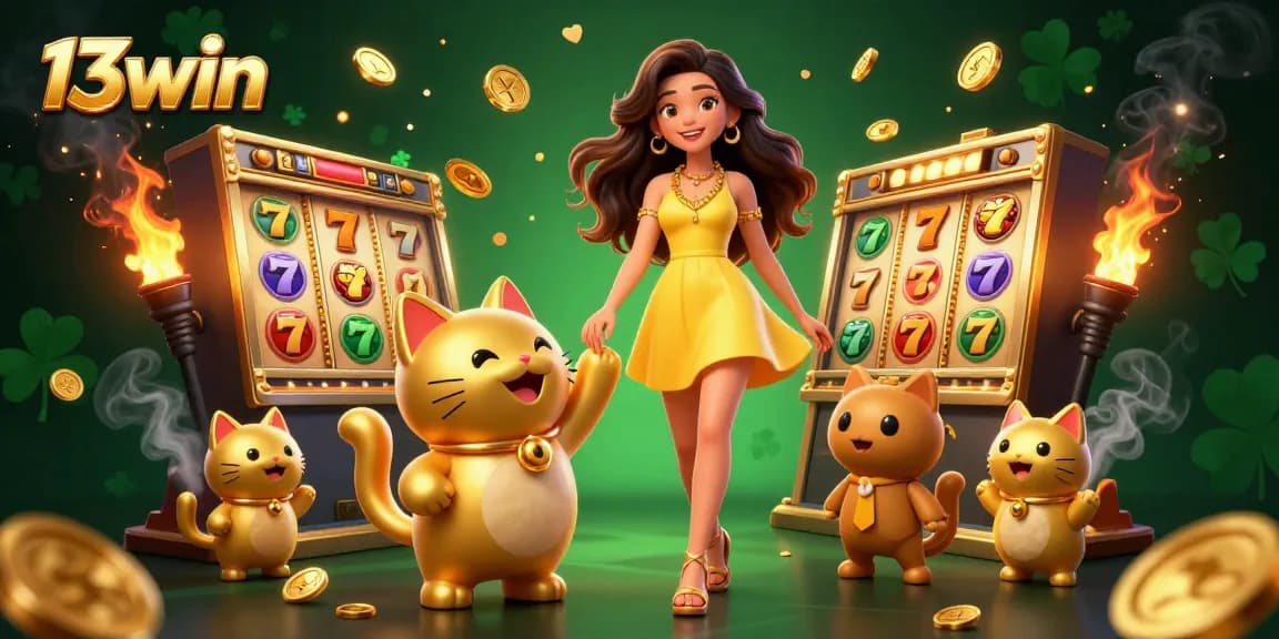 Engage with 13win's vibrant slot gaming experience featuring a cheerful Asian woman and a lucky cat.