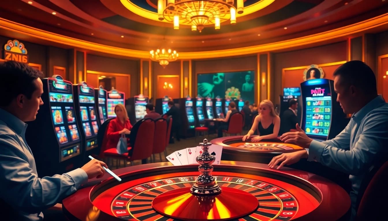Iboslot players enjoying various online casino games in a luxurious setting.
