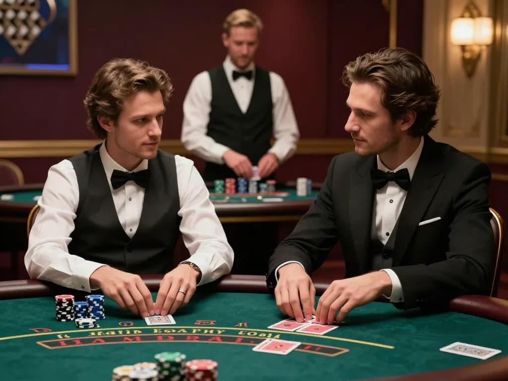 Players strategizing their next move at U888 Blackjack table amidst luxurious casino ambiance.